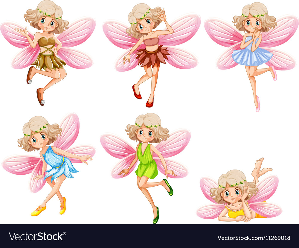 Six fairies with pink wings Royalty Free Vector Image