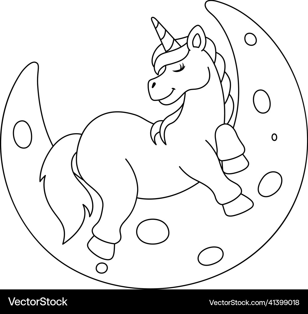 Unicorn sleeping on the moon coloring isolated Vector Image