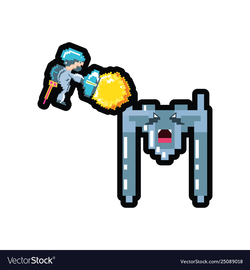Video game avatar pixelated with spaceship