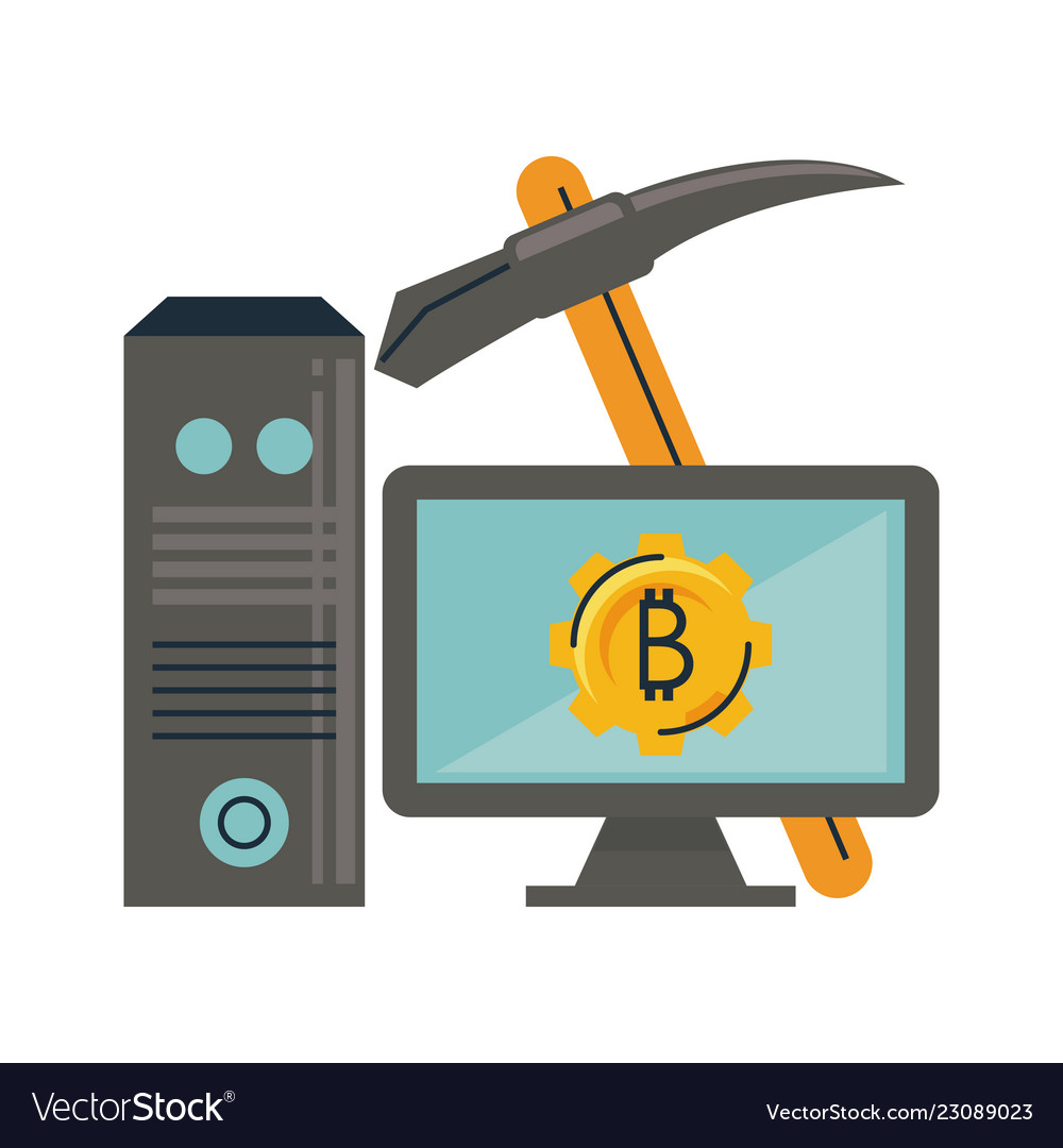 Bitcoin mining from computer and pick tool vector image Bitcoin mining from computer and pick tool
