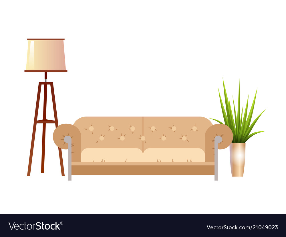 Realistic Red Sofa With Floor Lamp And Flowerpot Vector Image