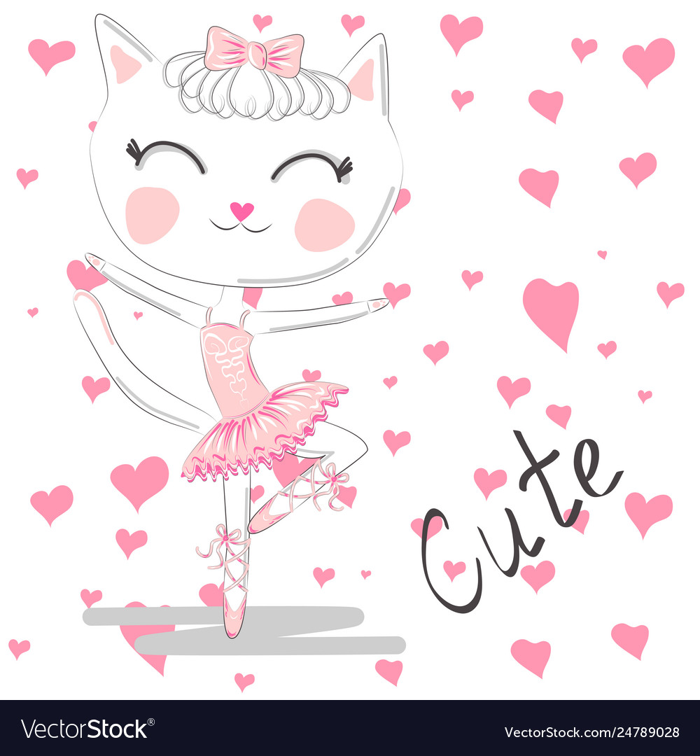 Cute dancing cat in a pink dress on blue Vector Image