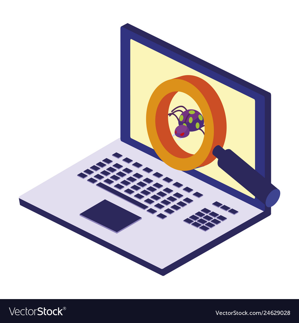 Laptop computer with bug and magnifying glass vector image Laptop computer with bug and magnifying glass