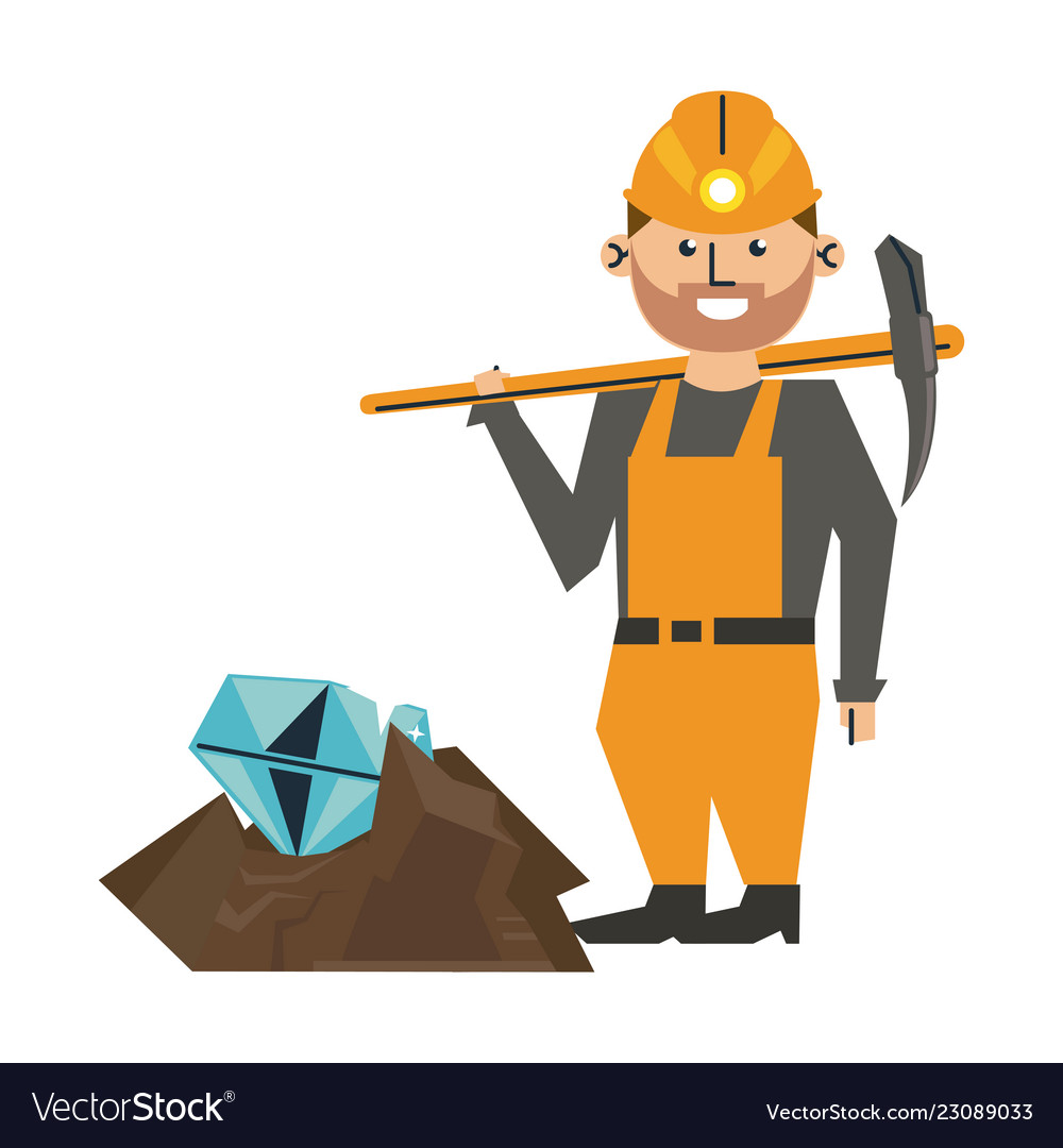 Diamond mining and worker with pick vector image Diamond mining and worker with pick
