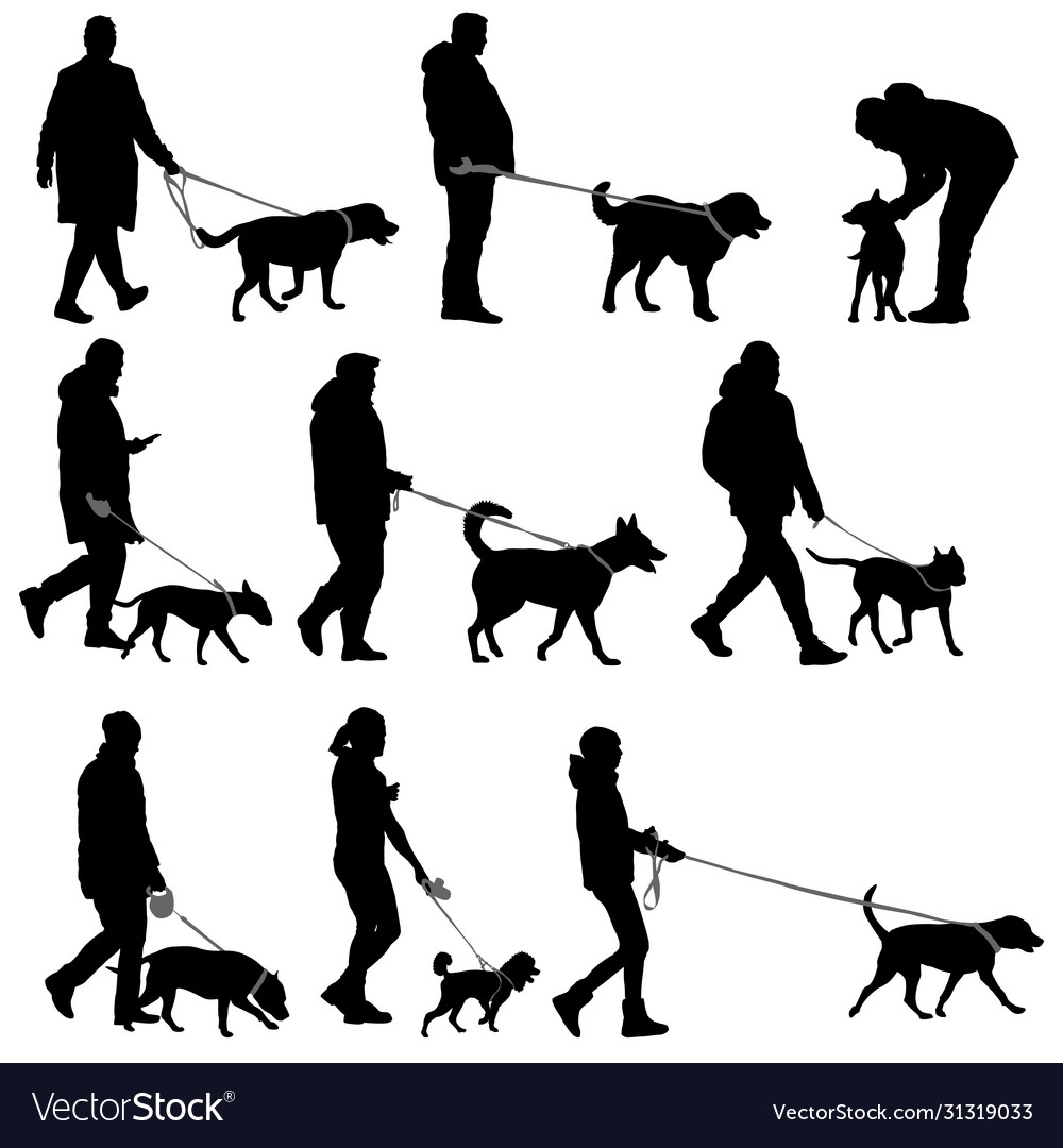 Set silhouette people and dog on a white vector image Set silhouette people and dog on a white