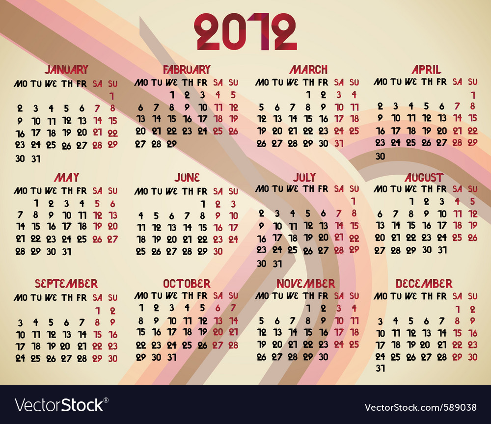 2012 Calendar - Monthly View
