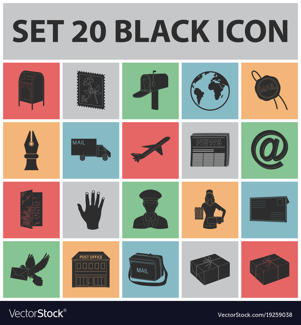 Mail and postman black icons in set collection