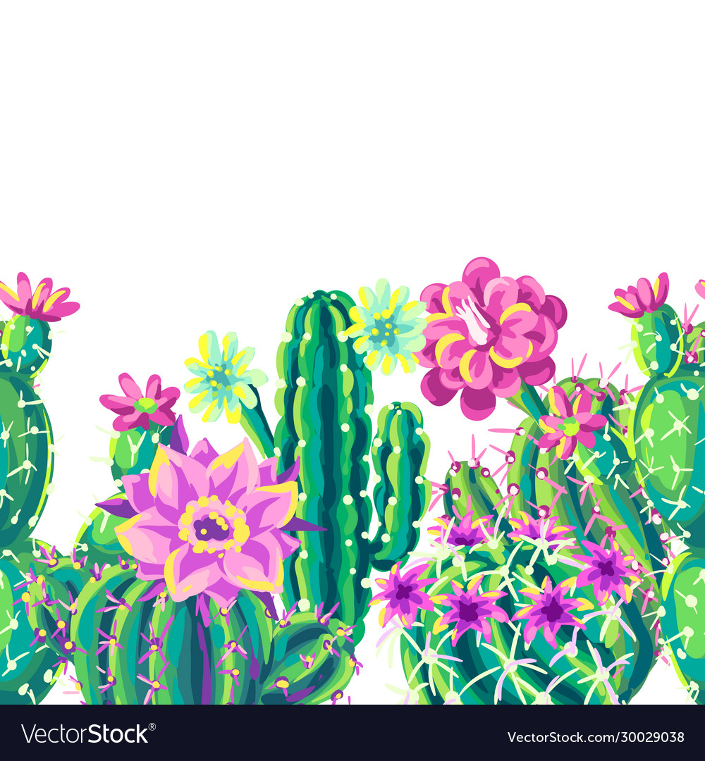 Seamless pattern with cacti and flowers