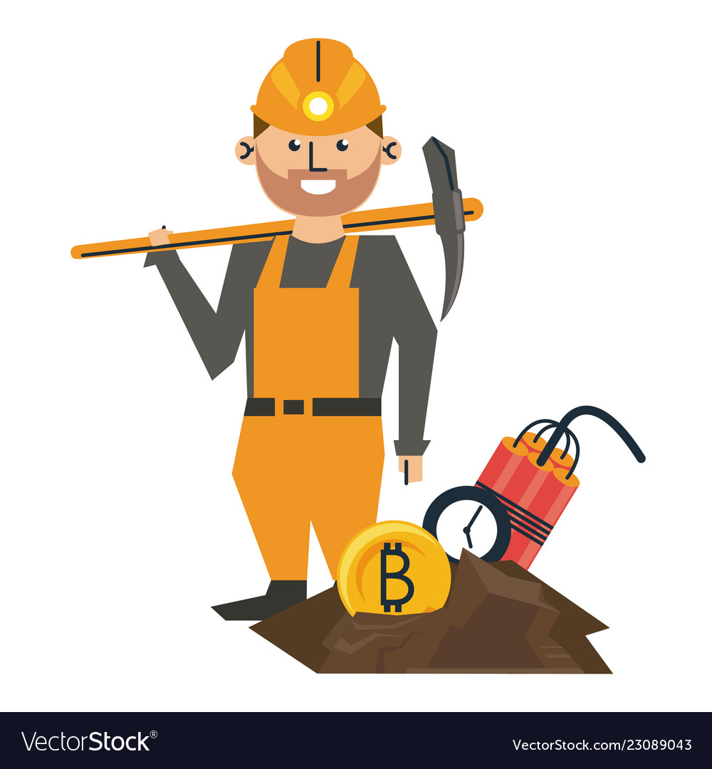 Bitcoin mining worker with pick and tnt vector image Bitcoin mining worker with pick and tnt