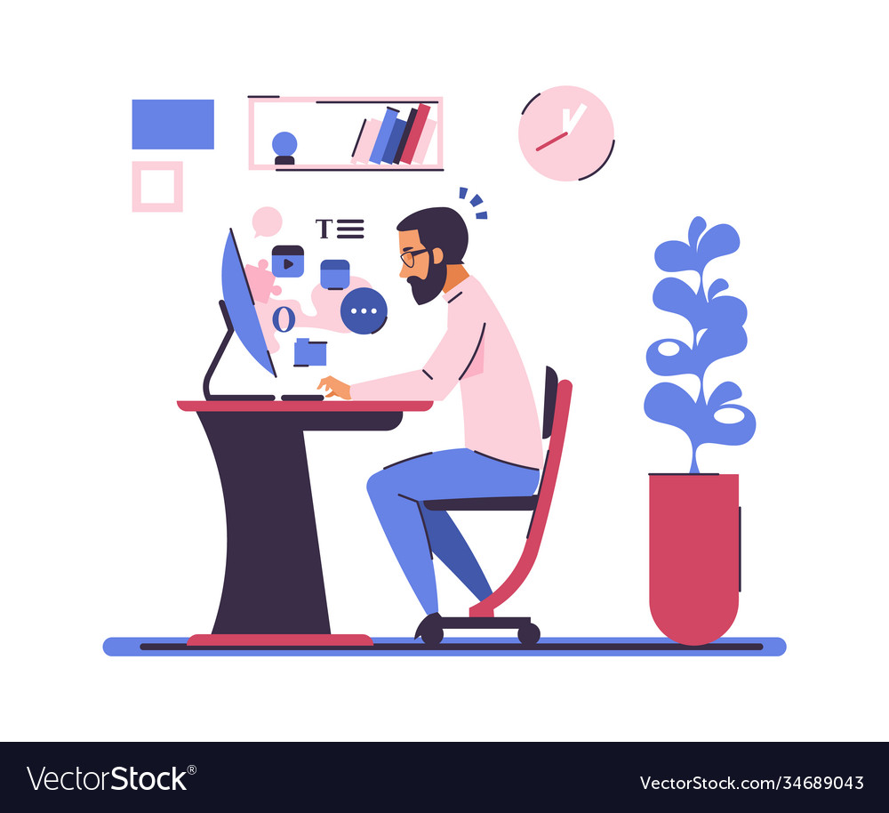 Cartoon man sitting at computer desk young vector image Cartoon man sitting at computer desk young