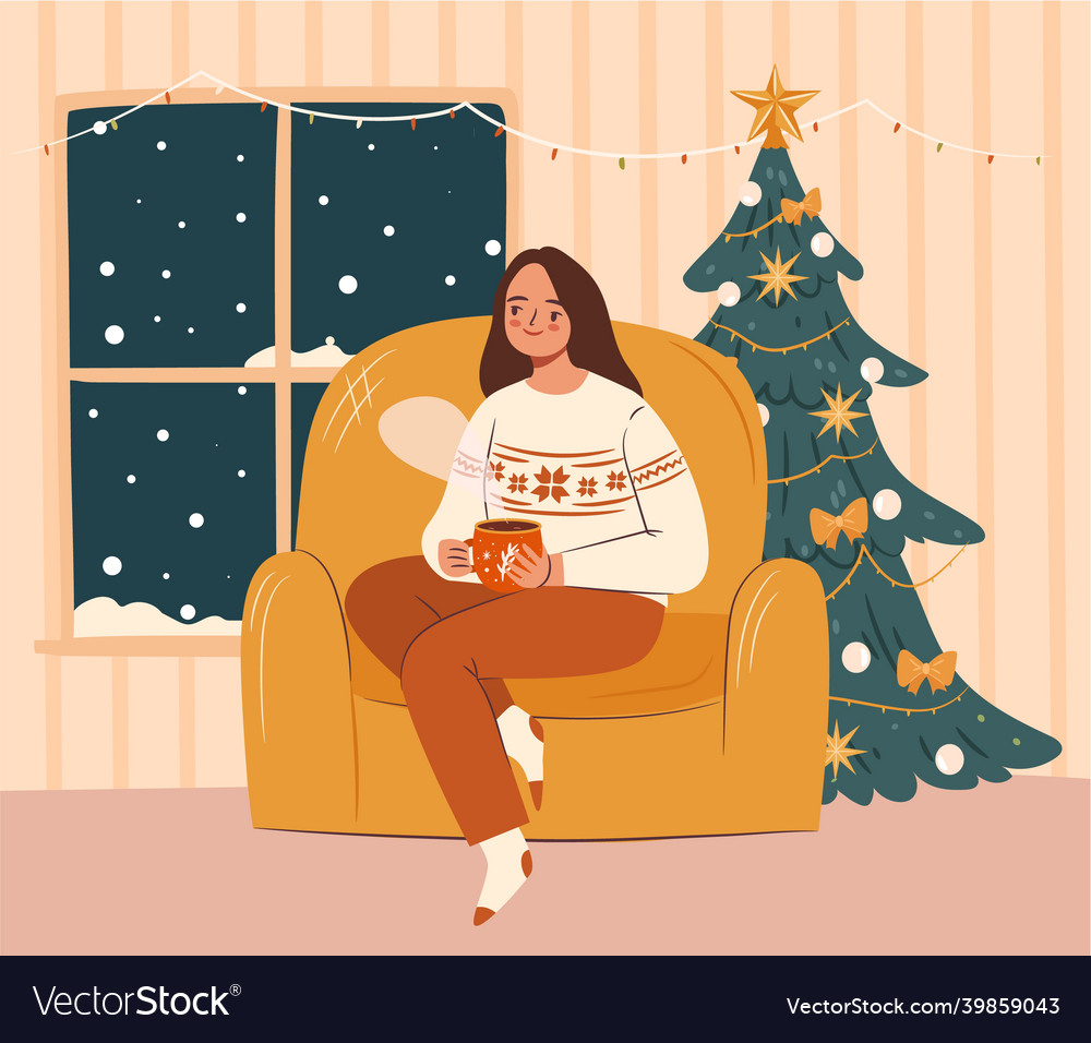 Cozy christmas evening concept girl in ugly Vector Image