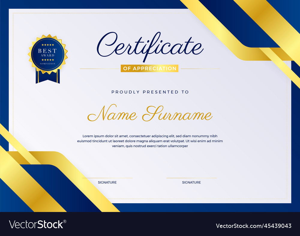 Modern Elegant Blue And Gold Diploma Certificate Vector Image