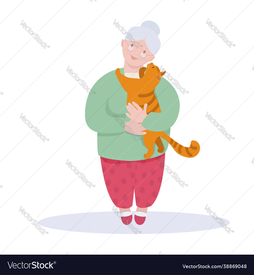 A cute old lady is holding fat red cat in her Vector Image