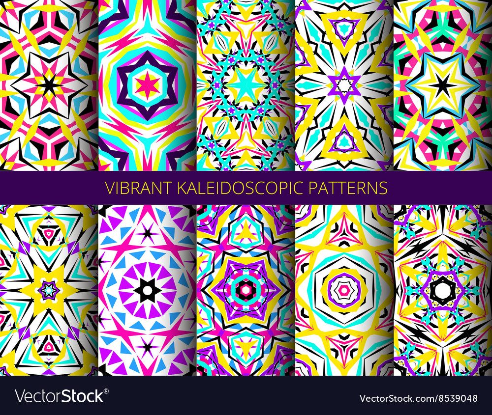 Bright kaleidoscopic patterns set Royalty Free Vector Image