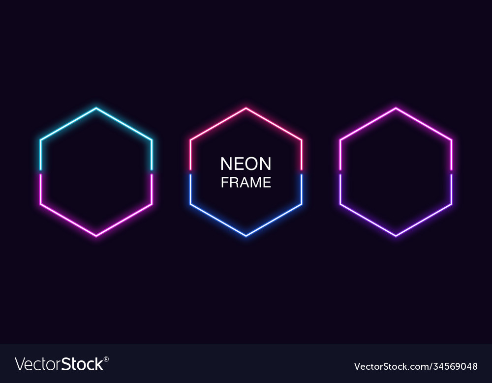 Neon hexagon frame set hexagonal border vector image Neon hexagon frame set hexagonal border
