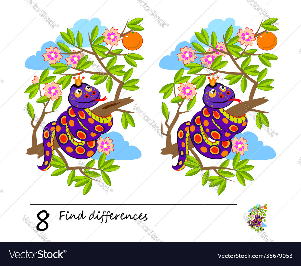 Find 8 differences a snake in tree logic vector image Find 8 differences a snake in tree logic