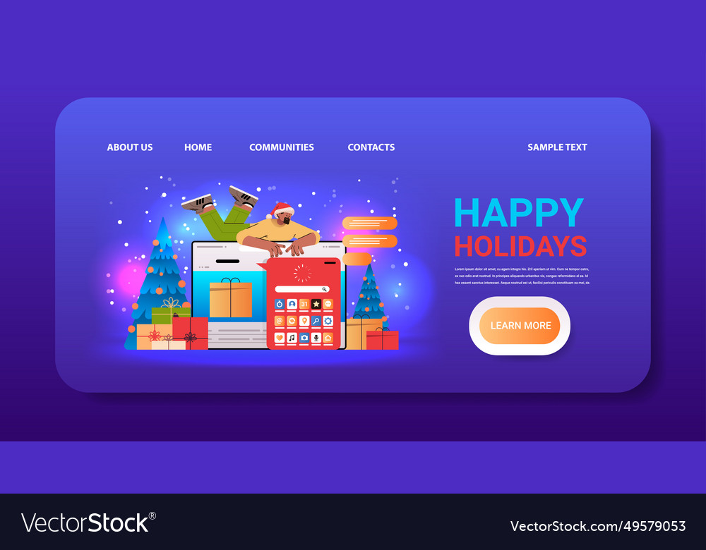 Man in santa hat using computer apps on laptop vector image Man in santa hat using computer apps on laptop