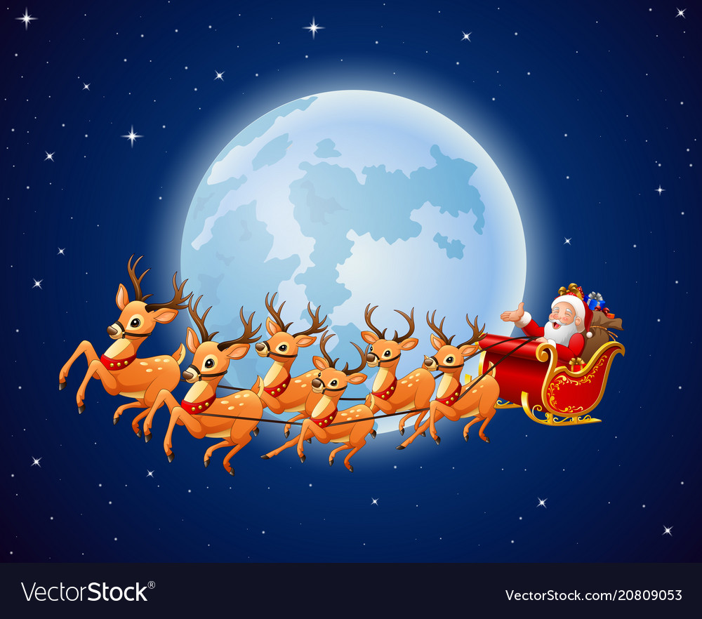 Santa drove reindeer in the background of the moon