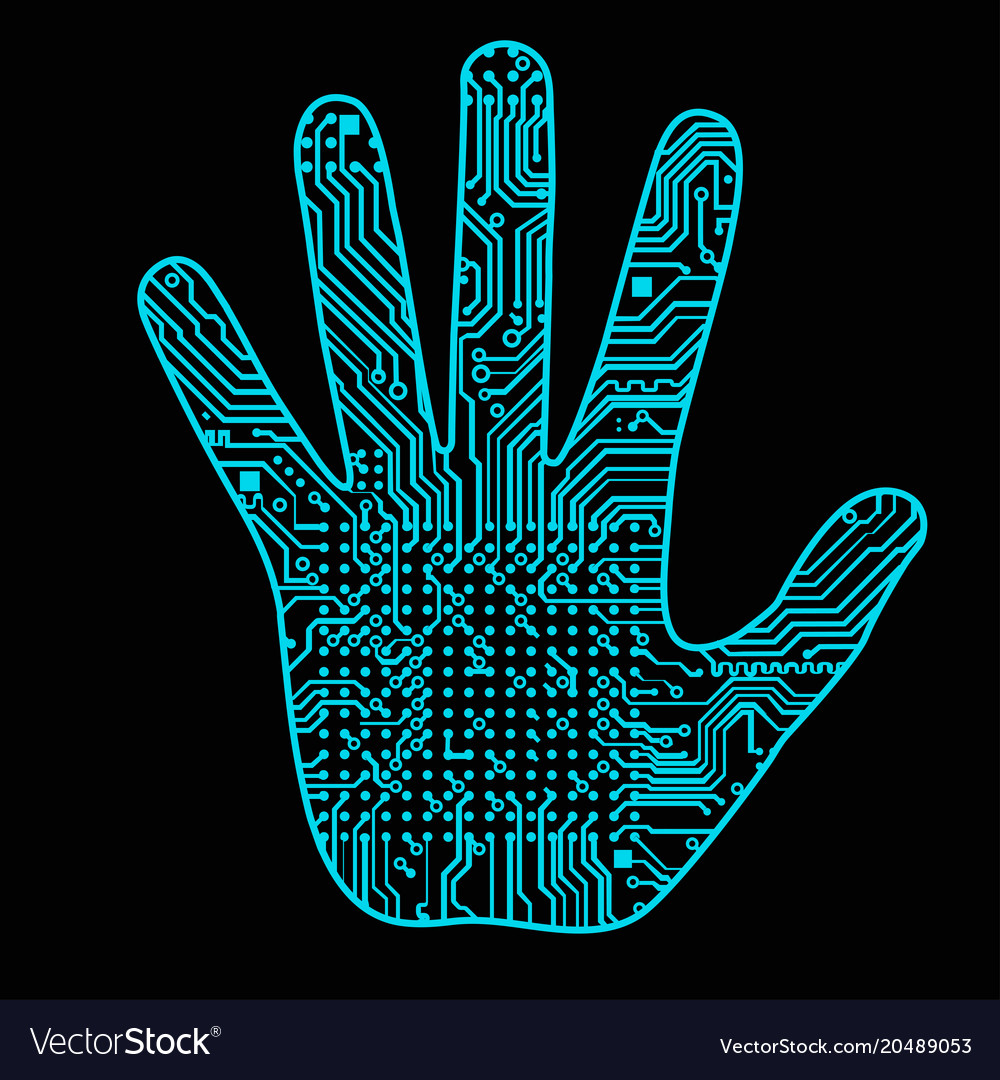 Silhouette of a man hand with high-tech computer