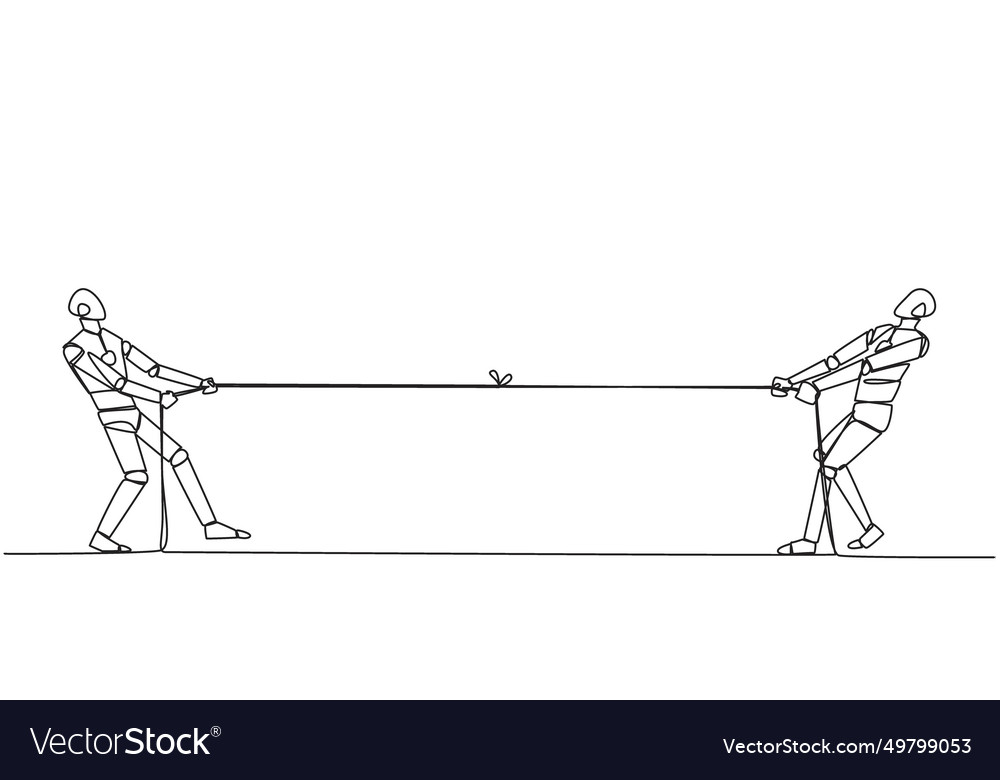 Single one line drawing two robots pulling each