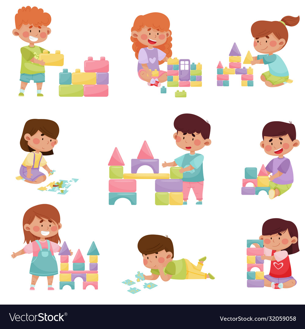 Cute children playing with different toys Vector Image