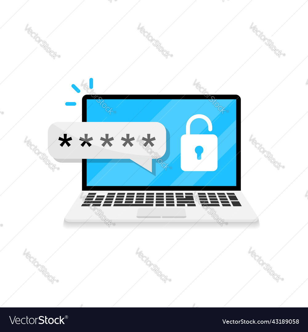Laptop with password notification icon in flat
