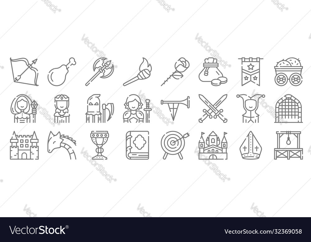 Medieval times line icons linear set quality vector image Medieval times line icons linear set quality