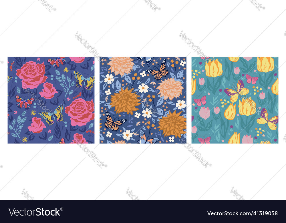 Set of seamless patterns with butterflies vector image Set of seamless patterns with butterflies