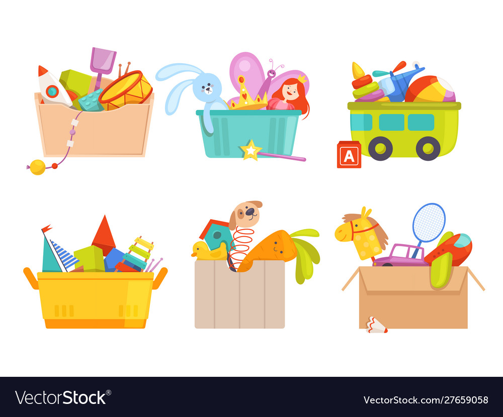 Toys box children toy cars rocket soccer bear Vector Image