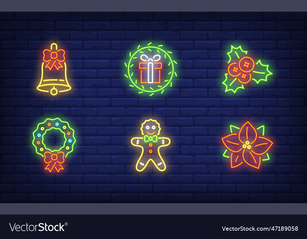 Winter holiday symbol neon sign set