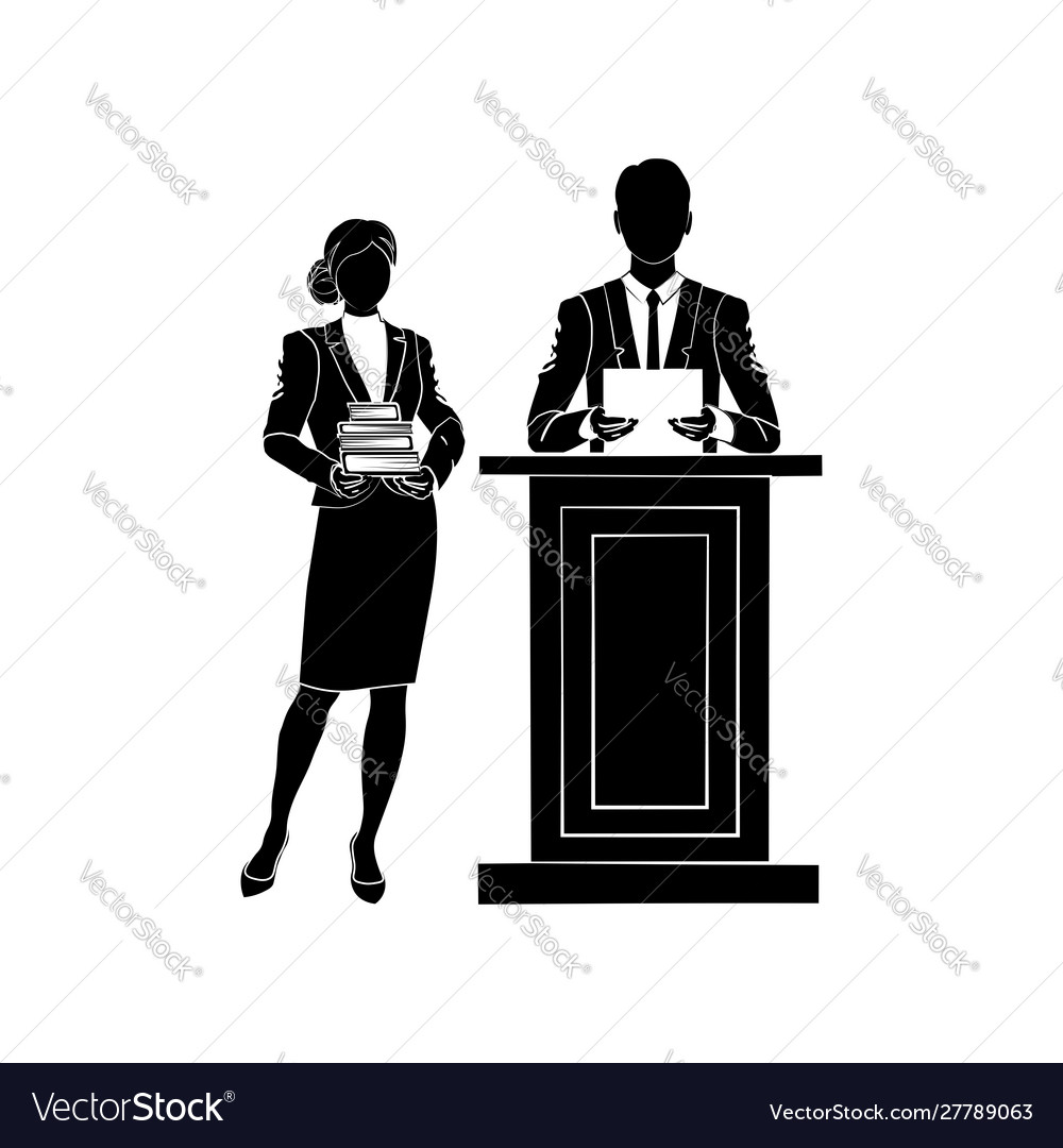 Business man standing behind pulpit and reading