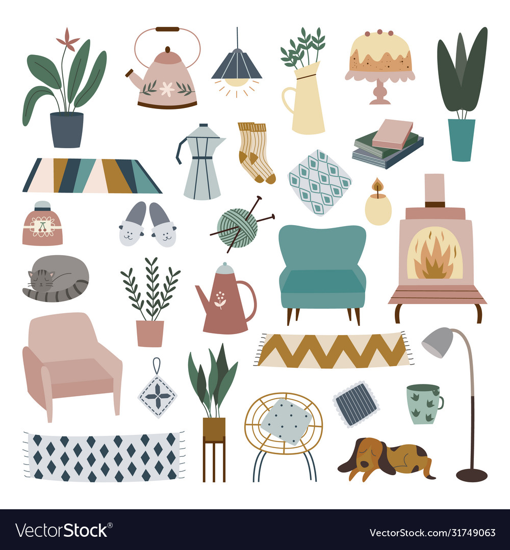 Cozy home decoration set - cute house plant rug Vector Image