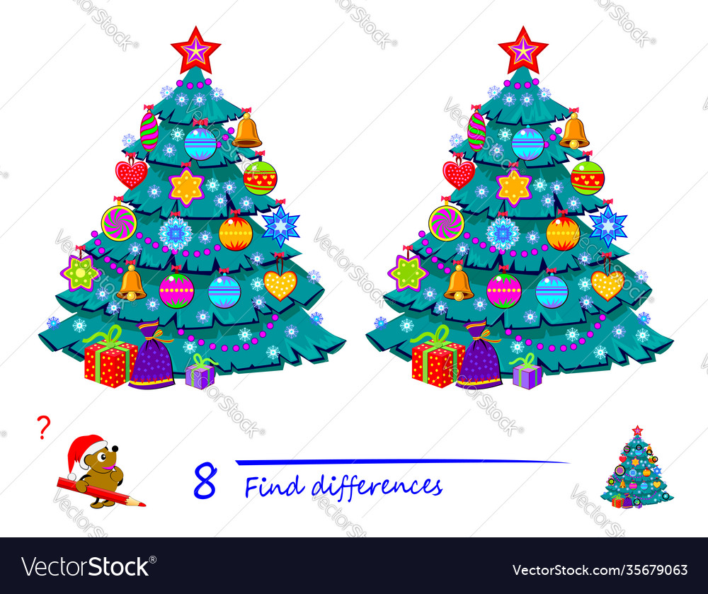 Find 8 differences christmas tree logic puzzle vector image Find 8 differences christmas tree logic puzzle