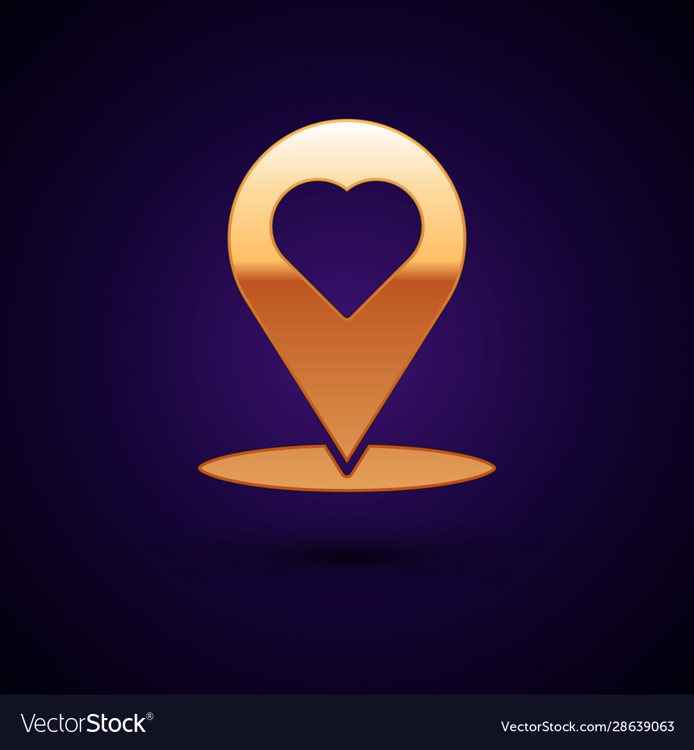 Gold Map Pointer mit Herz-Ikone isoliert auf dunkle vector image Gold Map Pointer mit Herz-Ikone isoliert auf dunkle