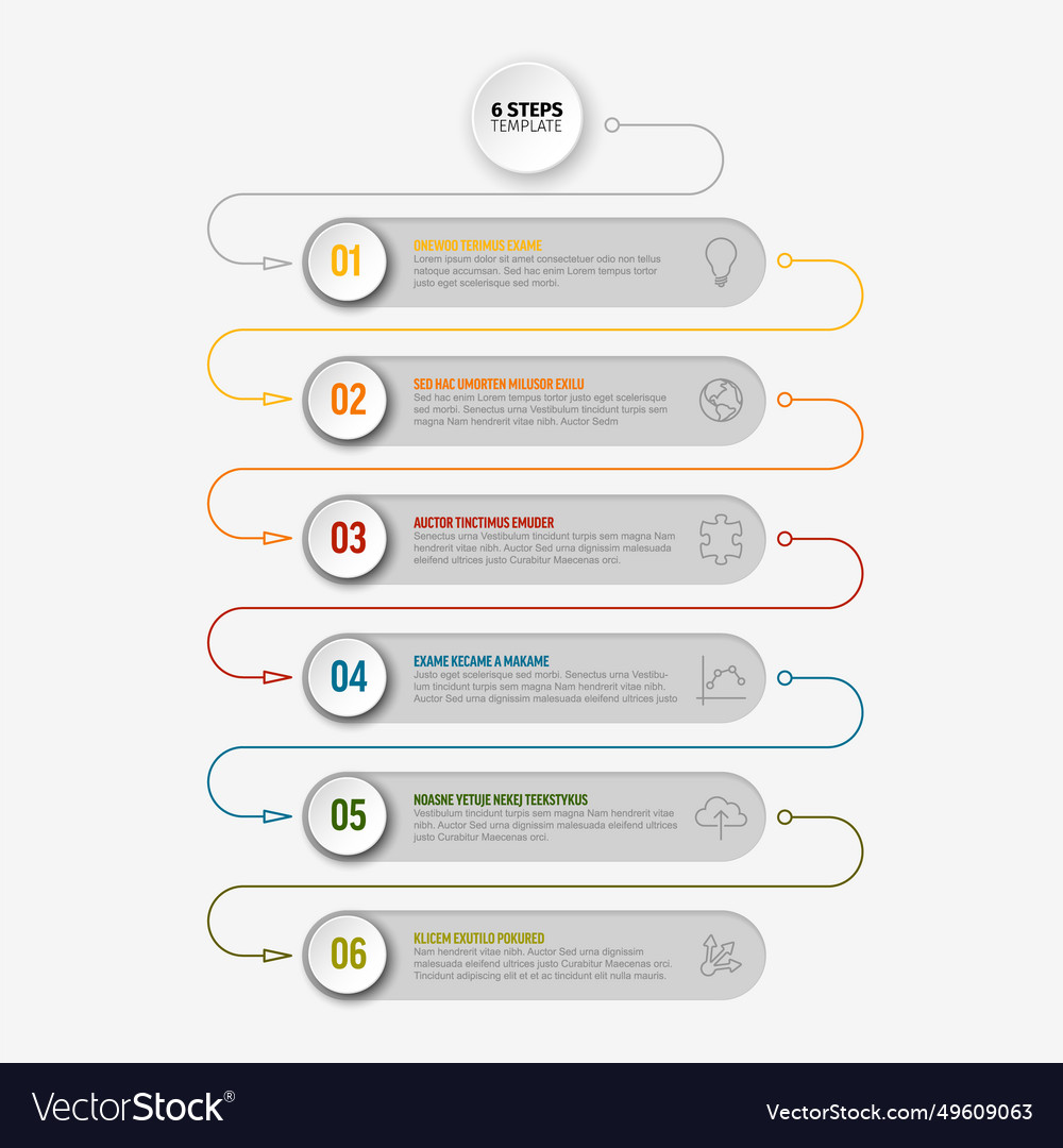 Progress six steps template with color thin lines vector image Progress six steps template with color thin lines