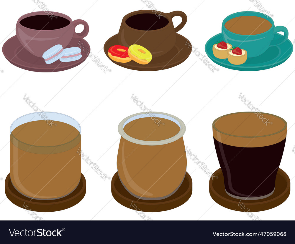 Coffee types in cups and glasses collection