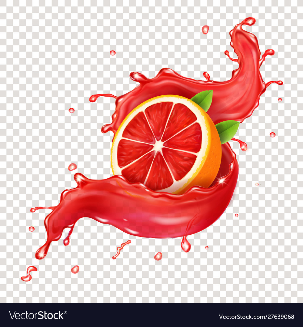 Juicy grapefruit in realistic red juice splash Vector Image