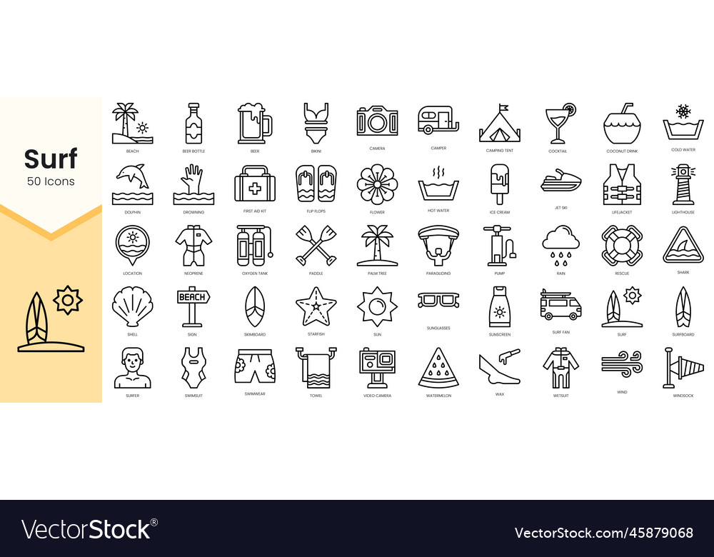Simple outline set of surf icons linear style