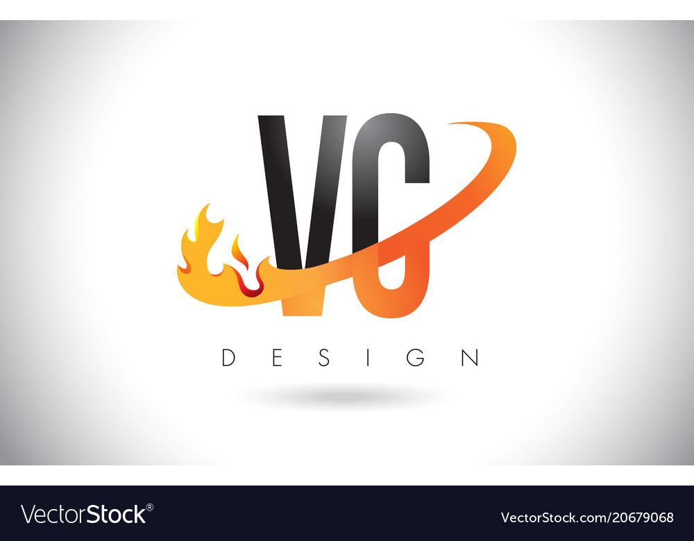 Vc v c letter logo with fire flames design