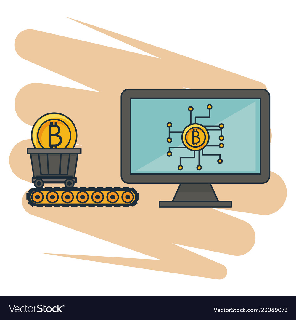 Bitcoin mining from computer and cart wagon vector image Bitcoin mining from computer and cart wagon