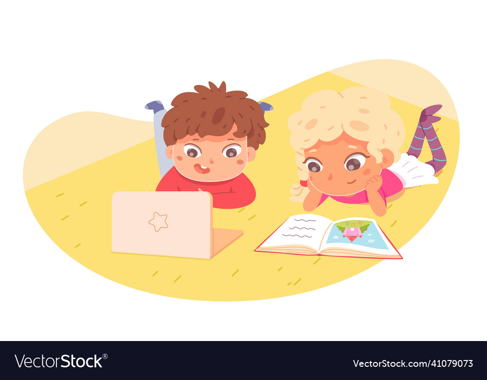 Children reading book and looking at computer Vector Image Children reading book and looking at computer