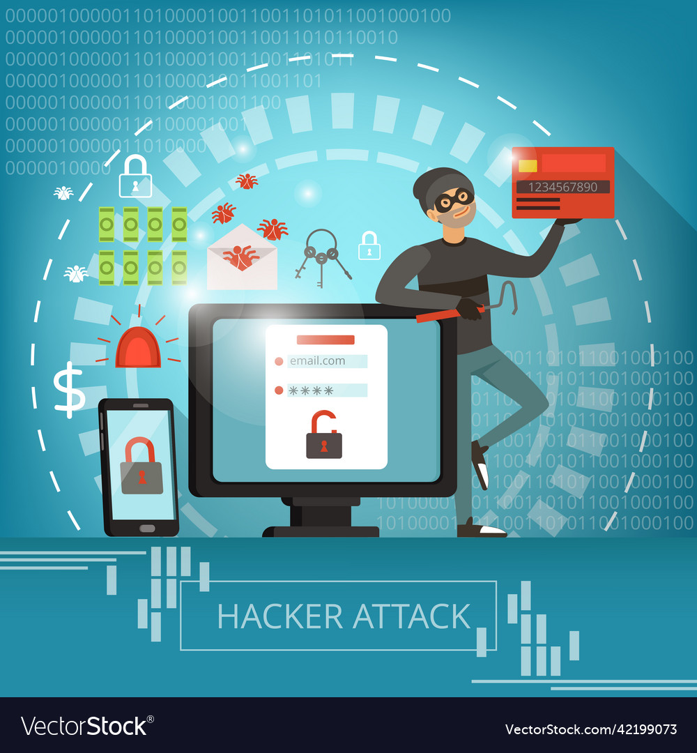 Concept of computer crime and hacker mascot vector image Concept of computer crime and hacker mascot