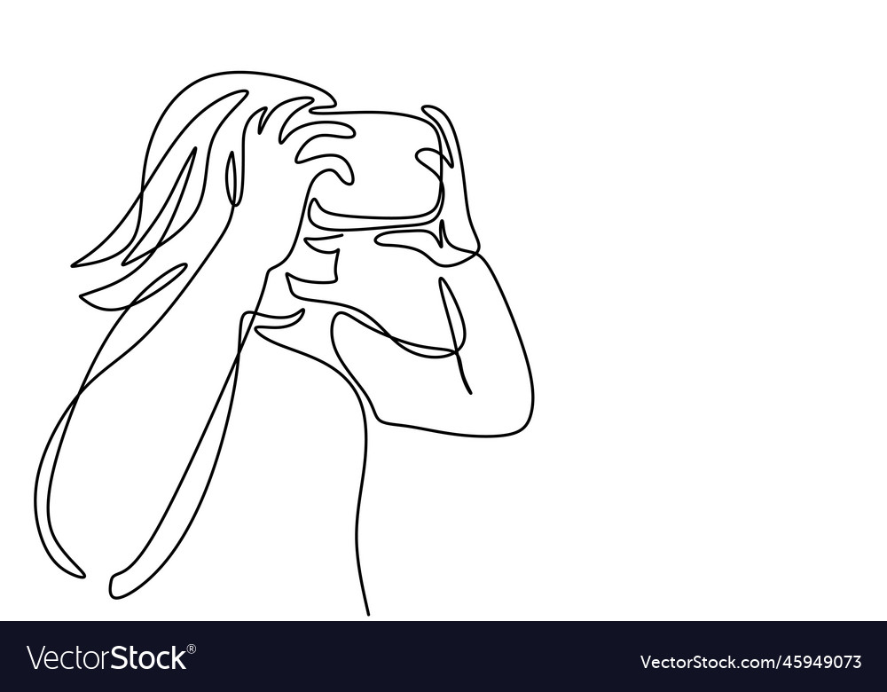 Girl using vr with single continuous one line art vector image Girl using vr with single continuous one line art