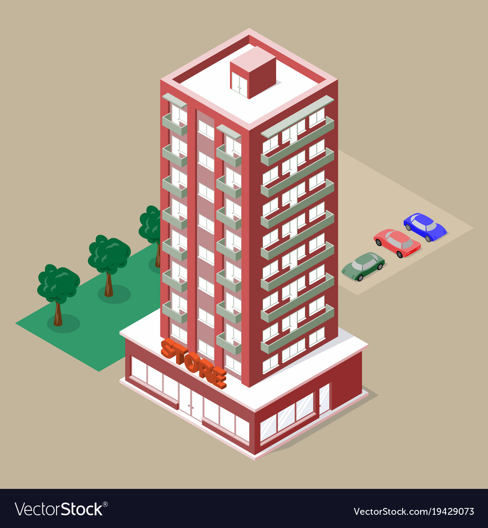 Isometric multistory building with store Vector Image