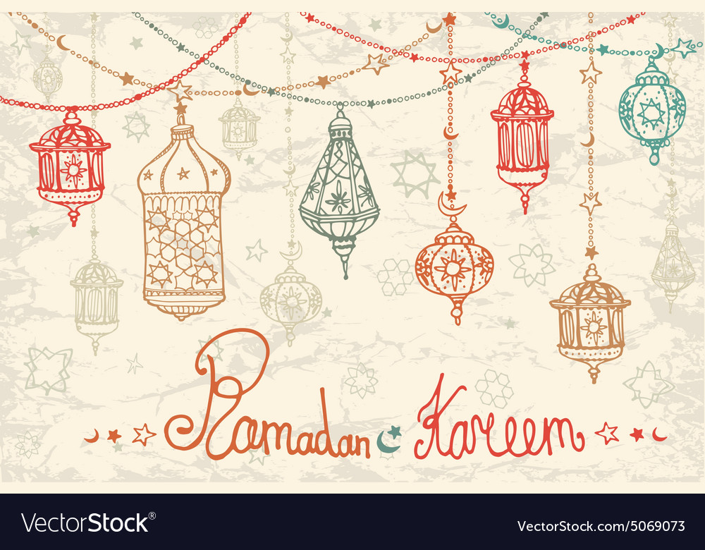 Lantern garland ramadan kareemdoodle card Vector Image