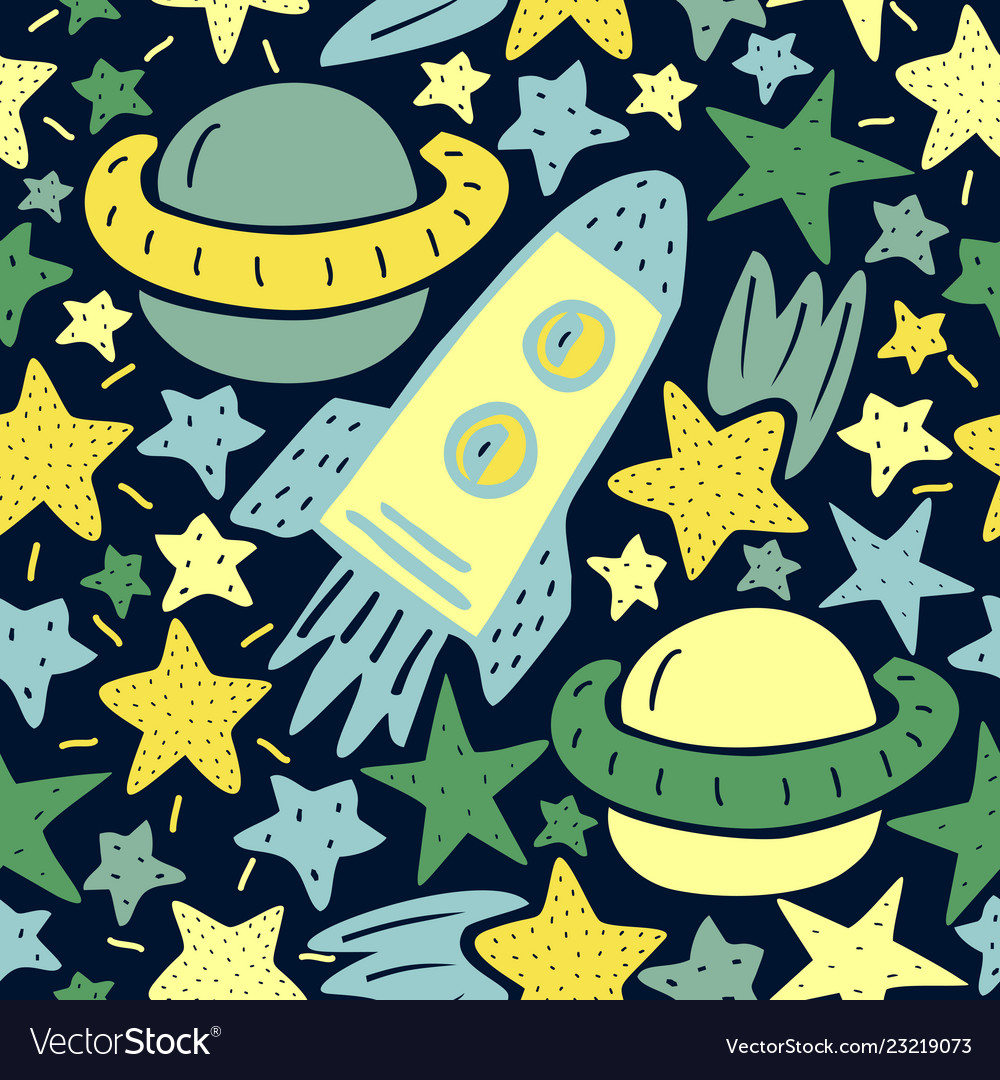 Seamless pattern with stars rocket planet