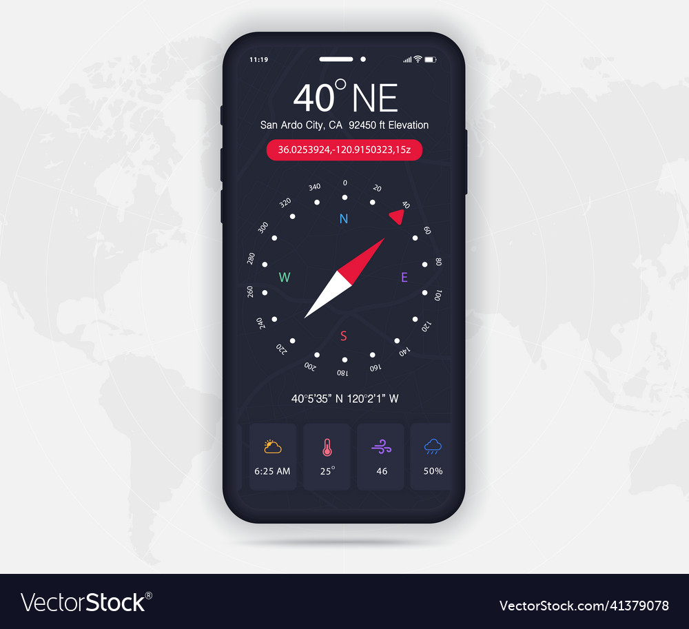 Compass app ui ux gui concept map gps vector image Compass app ui ux gui concept map gps