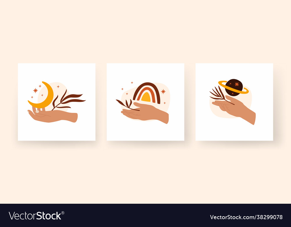 Hand holds boho branches and crescent abstract Vector Image Hand holds boho branches and crescent abstract