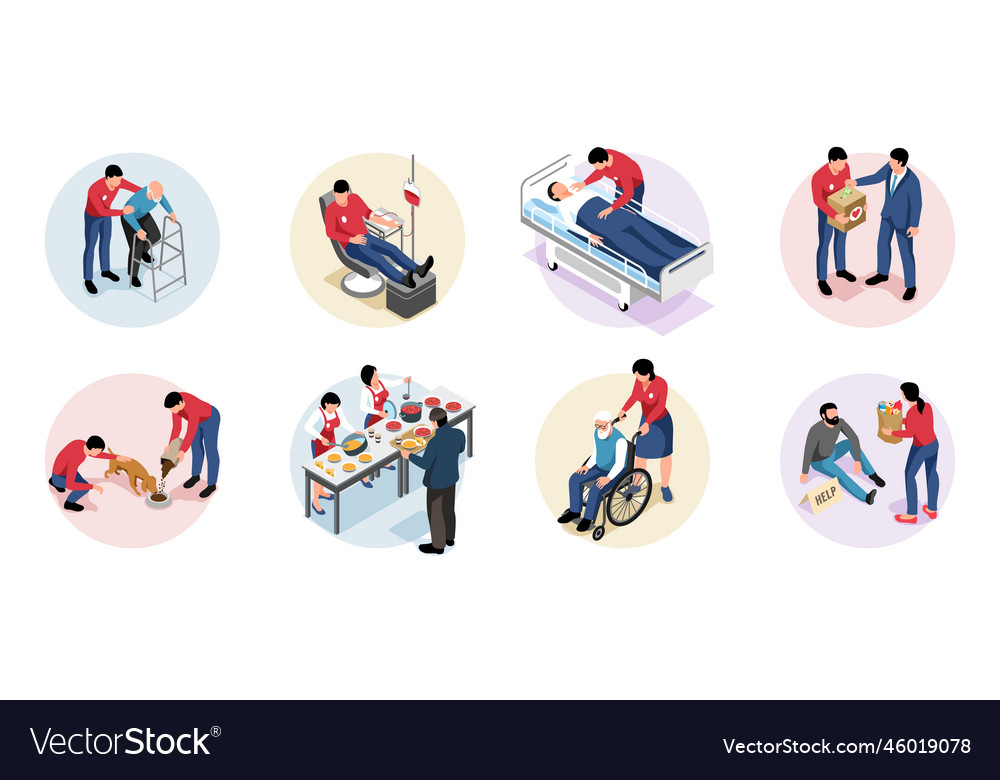 Volunteering isometric set vector image Volunteering isometric set