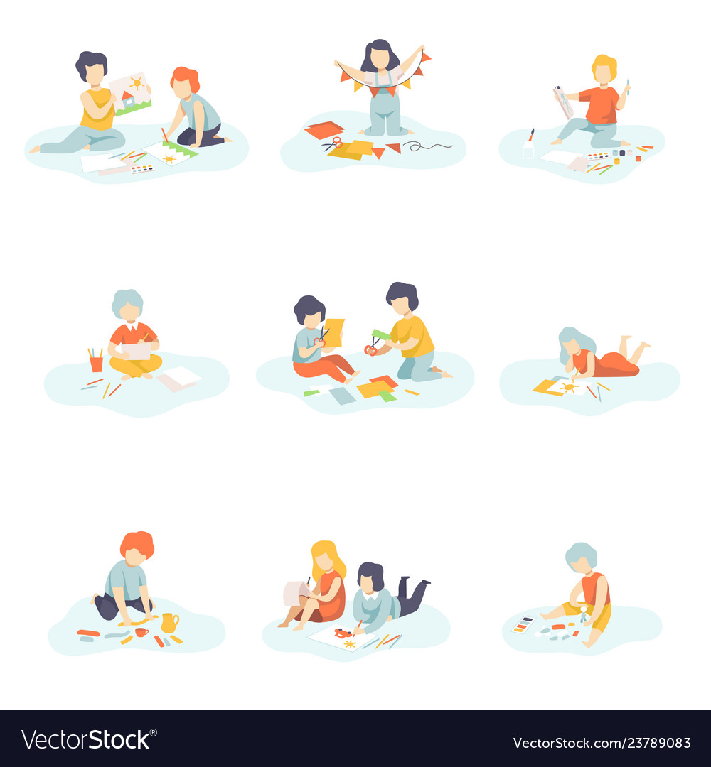 Boys And Girls Sitting On Floor Painting Cutting Vector Image